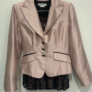 Kay Unger Pink Shantung and Black Lace Skirt Suit